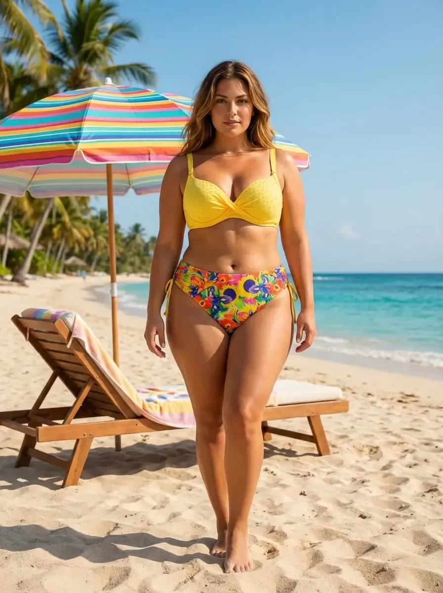 Kadın Sarı Çiçek Desenli Taş İşlemeli  Astarlı Bikini Takım HZL25S-LC3313