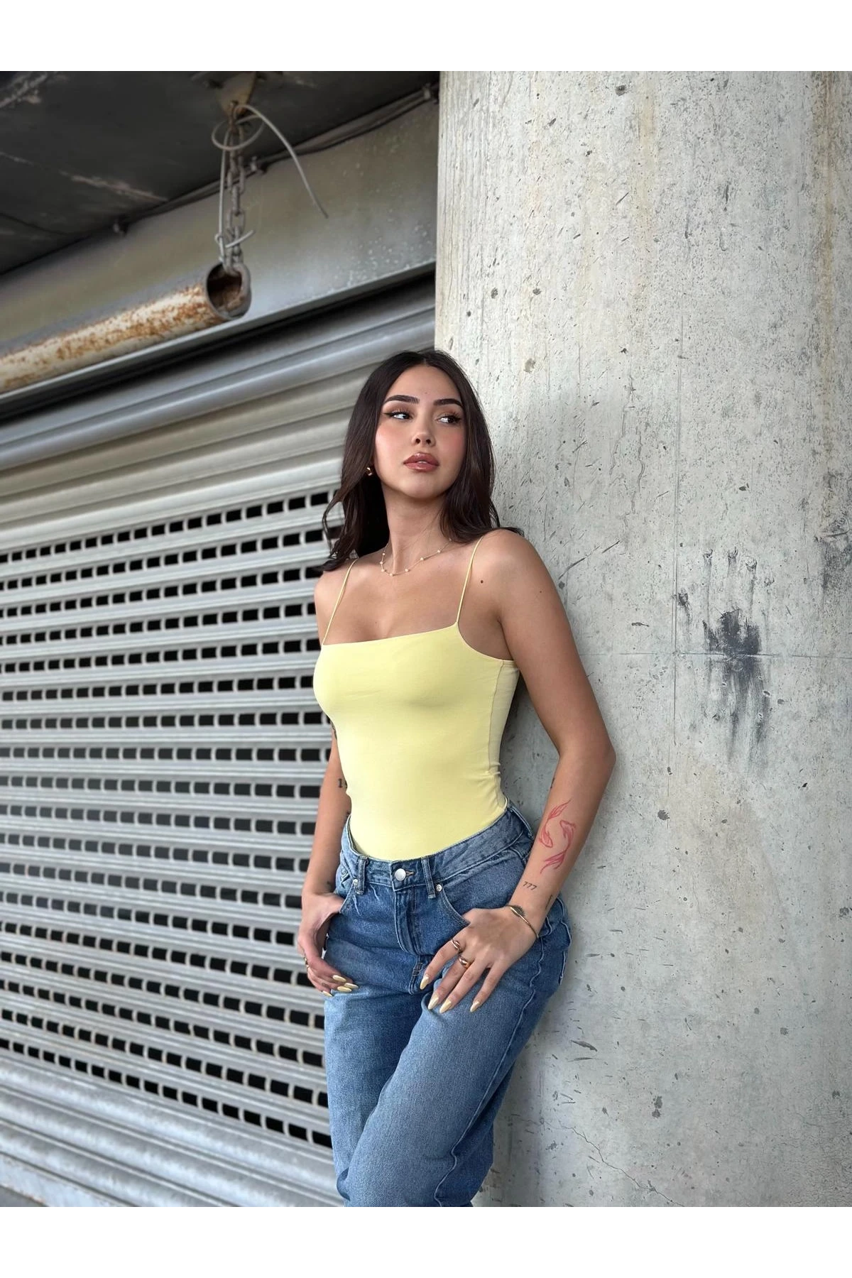 Kadın Sarı İp Askılı Örme Body Bluz HZL24S-ZK11001