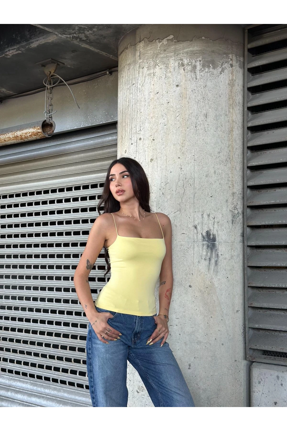 Kadın Sarı İp Askılı Örme Body Bluz HZL24S-ZK11001