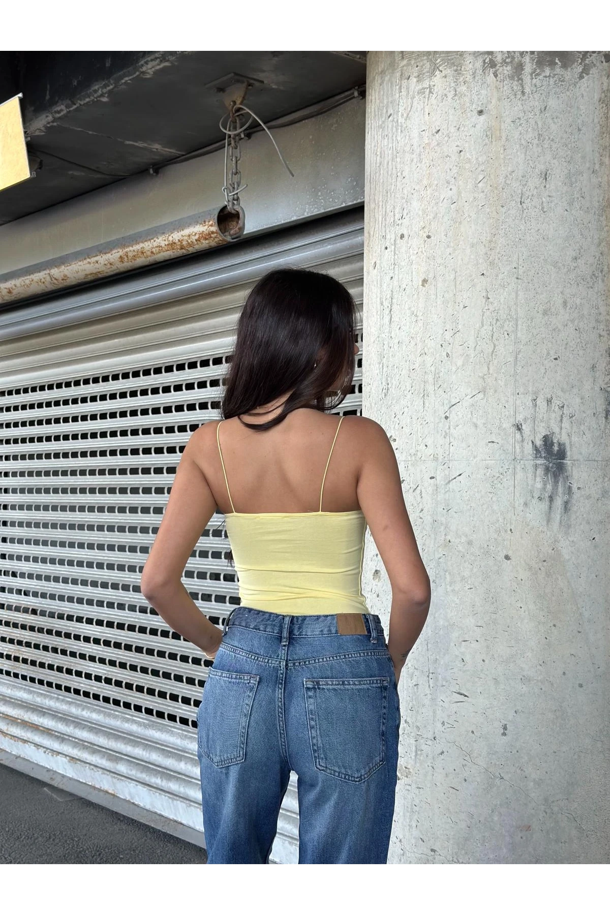 Kadın Sarı İp Askılı Örme Body Bluz HZL24S-ZK11001