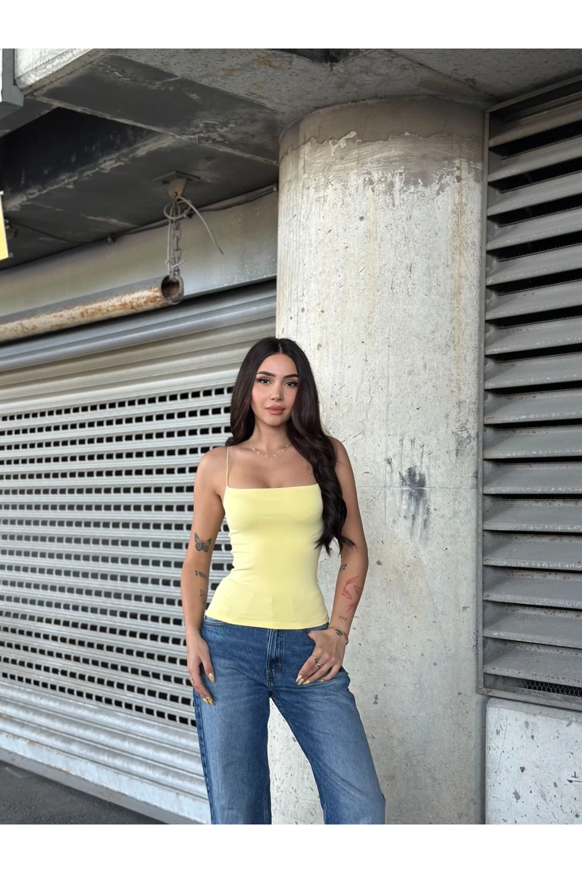 Kadın Sarı İp Askılı Örme Body Bluz HZL24S-ZK11001