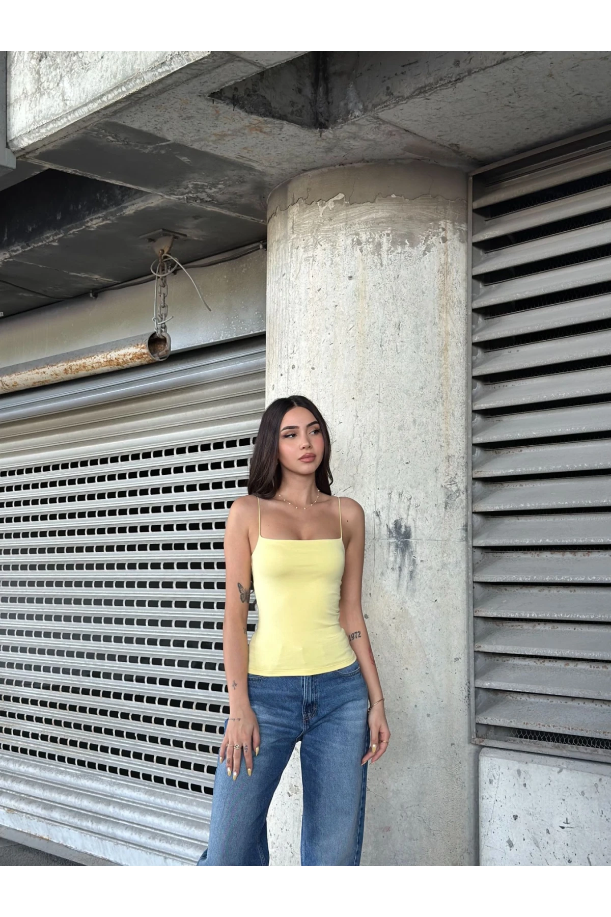 Kadın Sarı İp Askılı Örme Body Bluz HZL24S-ZK11001