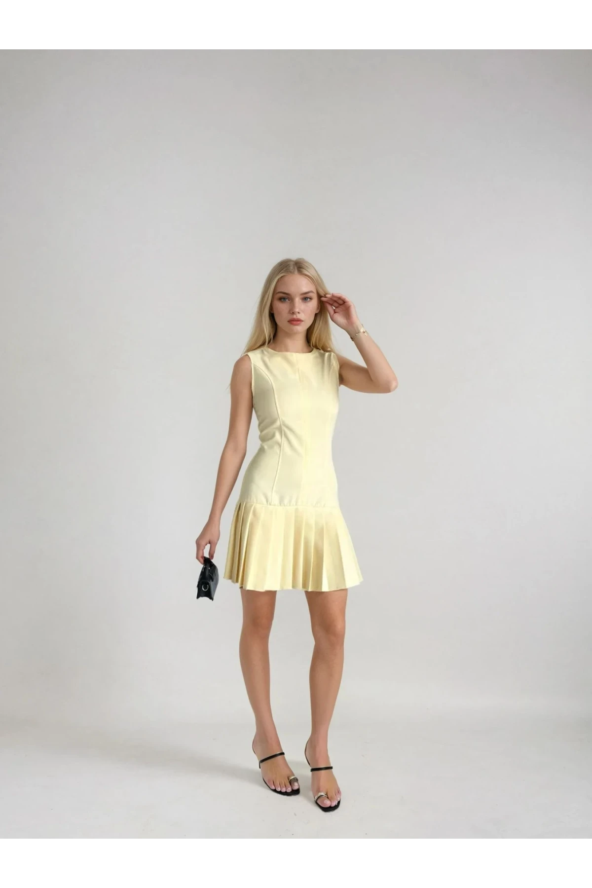 Kadın Sarı İthal Dooble Kumaş Kolsuz Elbise HZL25W-FRY122651