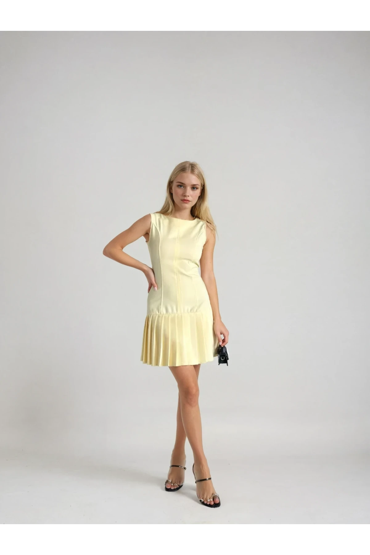 Kadın Sarı İthal Dooble Kumaş Kolsuz Elbise HZL25W-FRY122651