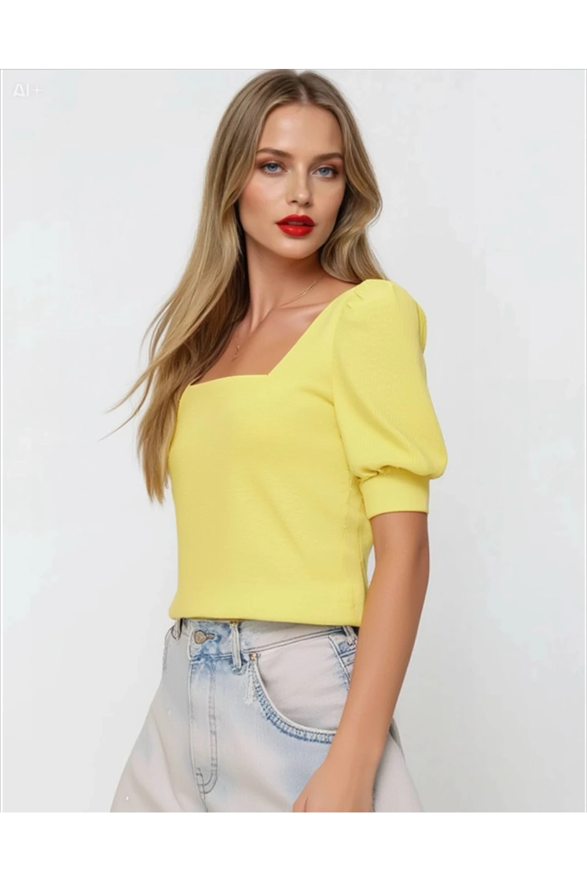 Kadın Sarı Kare Yaka Örme Bluz HZL22W-BD104091