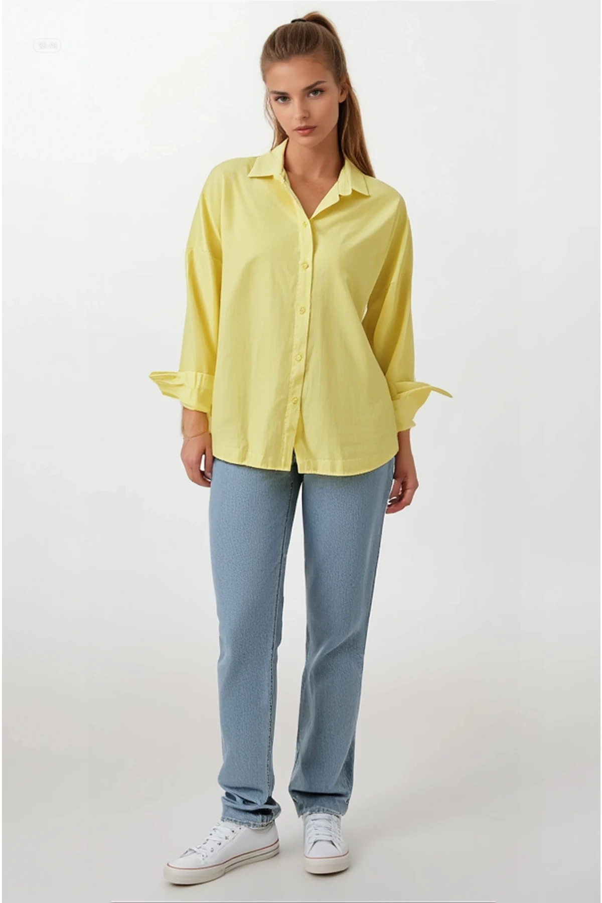 Kadın Sarı Oversize Uzun Basic Gömlek Hzl22w-bd139001