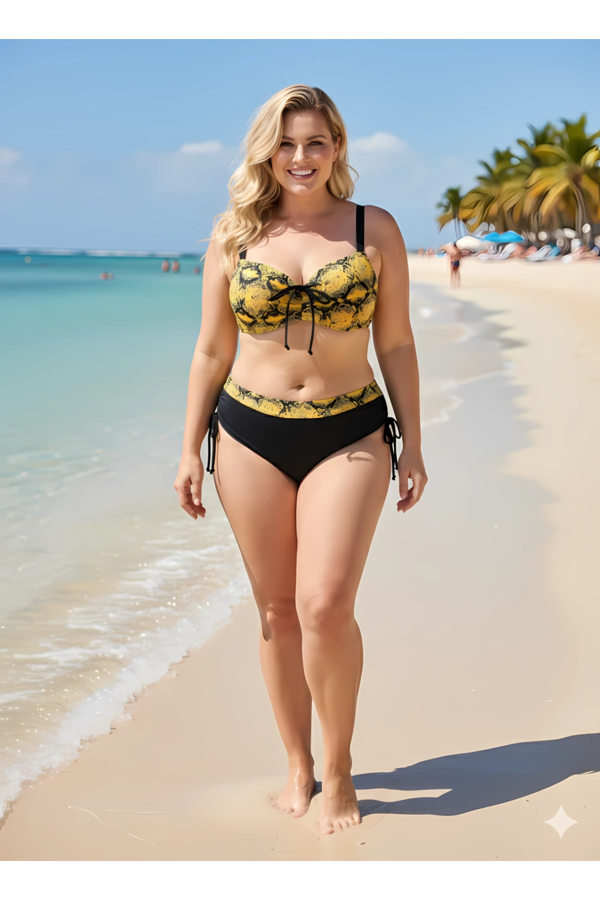 Kadın Sarı Siyah Desenli Taş İşlemeli Toparlayıcı Büyük Beden Bikini Takım HZL25S-LC3333