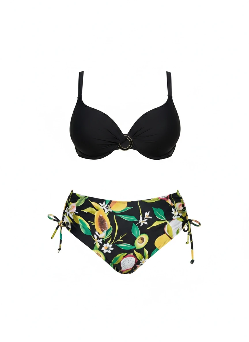 Kadın Siyah Aksesuar Detaylı Tropikal Desen Büyük Beden Bikini Takım HZL25S-LC3343