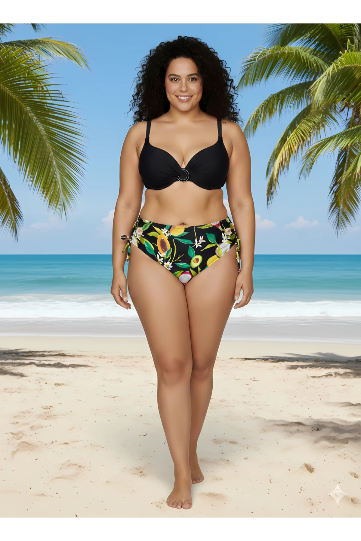 Kadın Siyah Aksesuar Detaylı Tropikal Desen Büyük Beden Bikini Takım HZL25S-LC3343