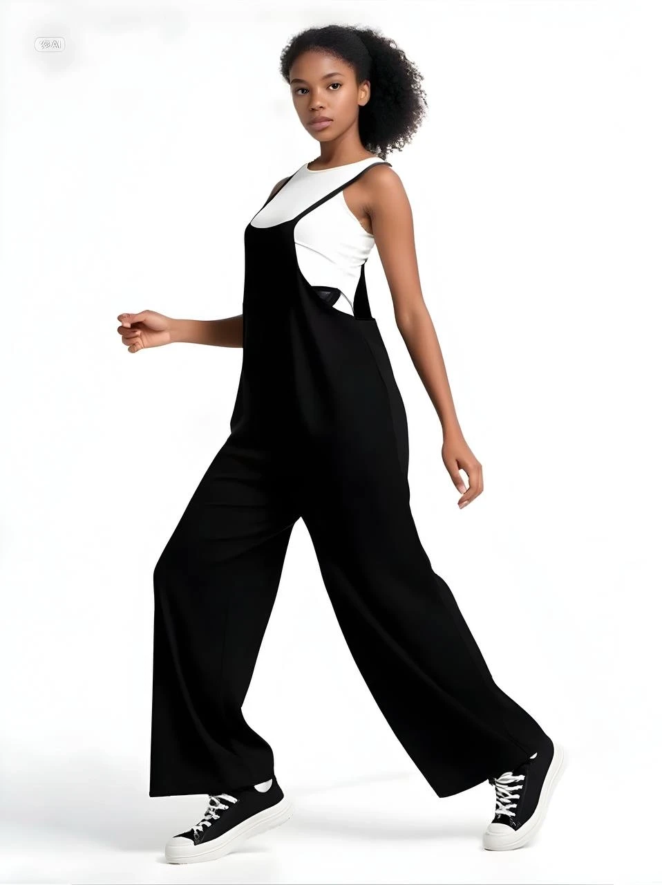 Kadın Siyah Ayarlanabilir Askılı Cepli Bol Paça Bahçıvan Tulum HZL22S-BD170191