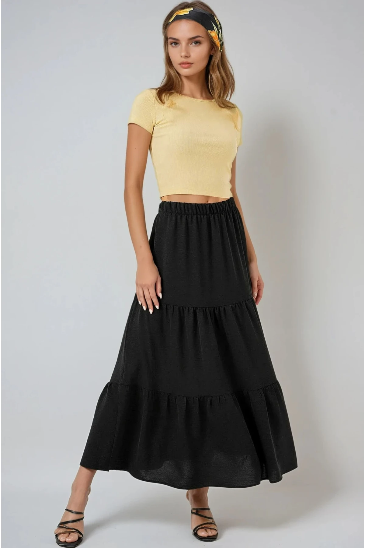 Kadın Siyah Beli Lastikli Ayrobin Uzun Etek HZL25S-BD180481