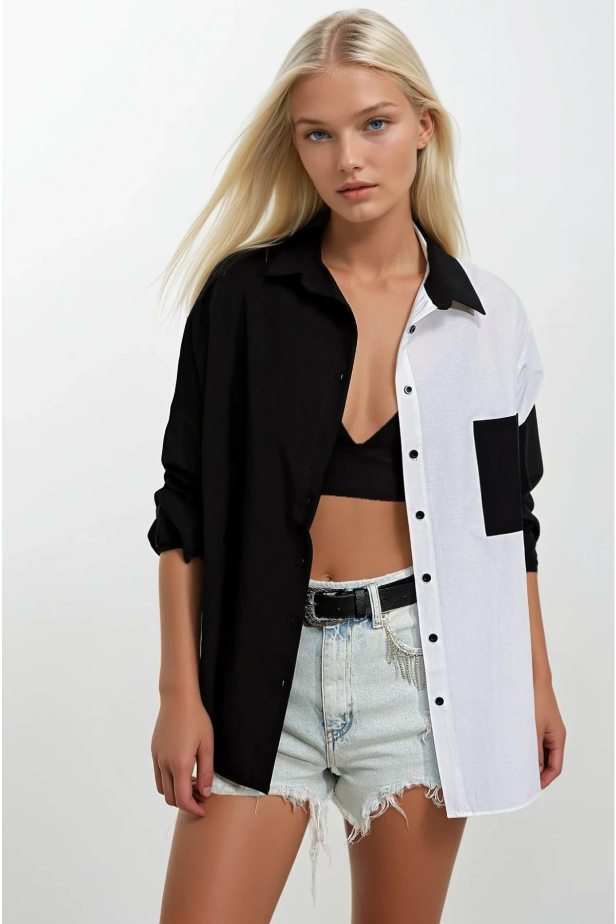 Kadın Siyah Beyaz Renk Bloklu Poplin Basic Gömlek HZL22S-BD1201161