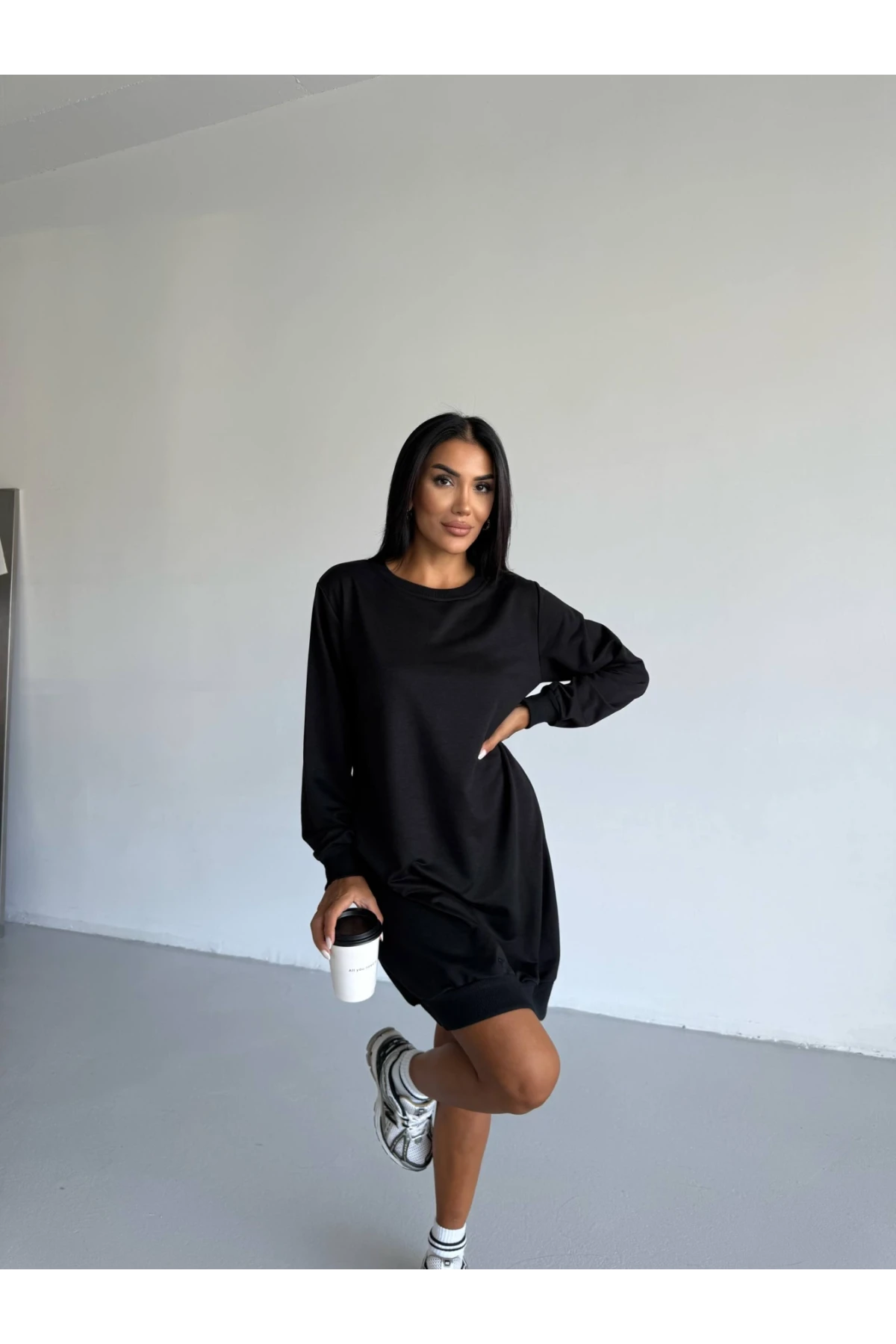 Kadın Siyah Bisiklet Yaka 2 iplik Günlük Rahat Elbise HZL25W-FRY123451