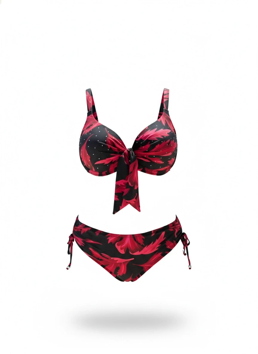 Kadın Siyah Bordo Taş İşlemeli Büyük Beden Bikini Takım HZL25S-LC3337