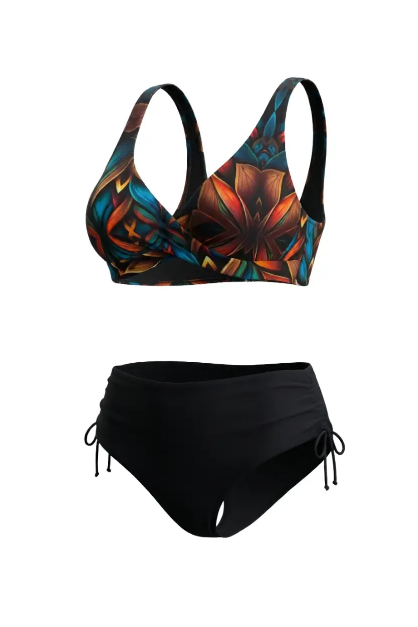 Kadın Siyah Çiçek Desenli Astarlı Büyük Beden Bikini Takımı HZL26S-LC21202