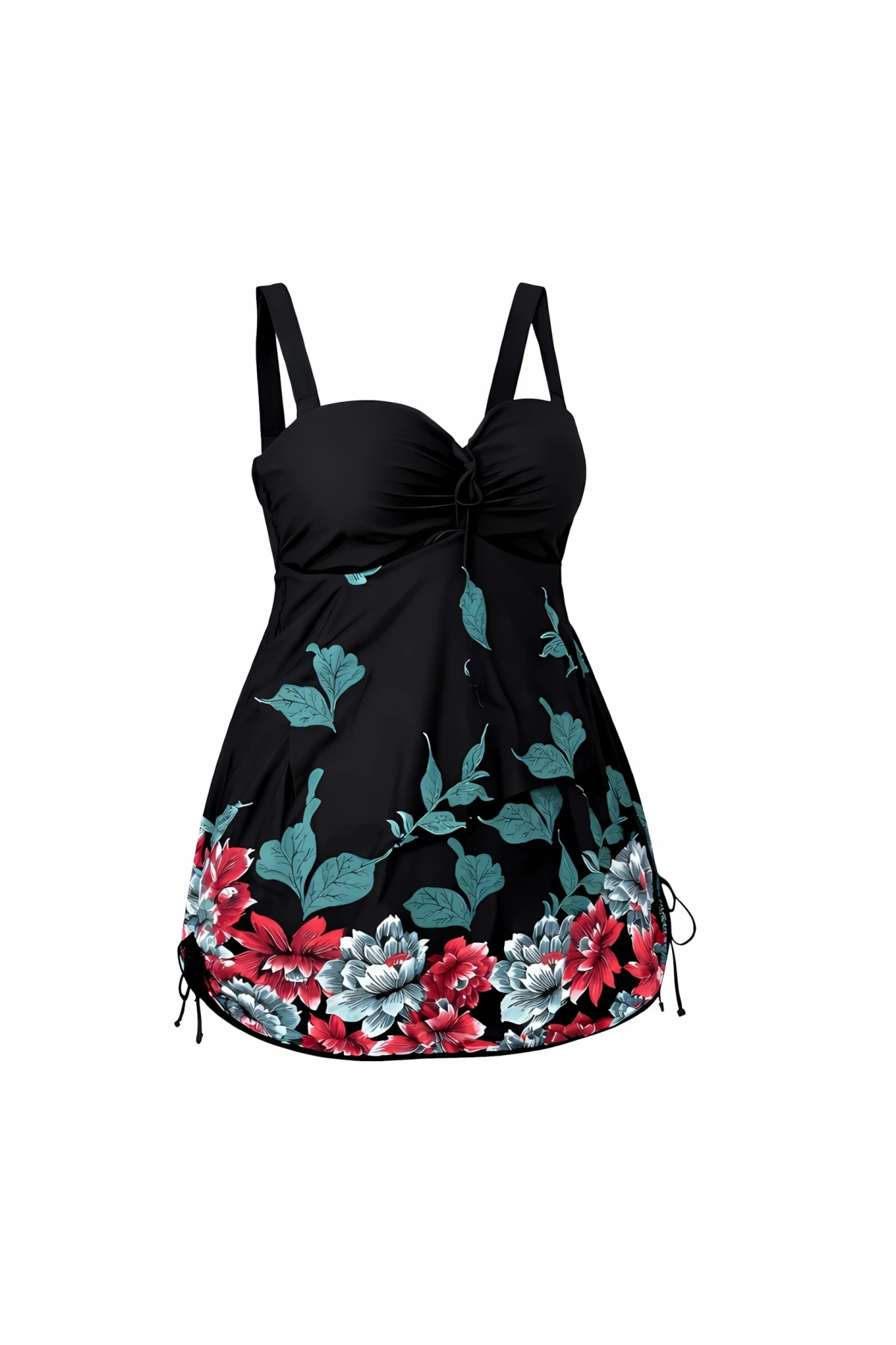 Kadın Siyah Çiçek Desenli Elbise Model Büyük Beden Slipli Tankini HZL24S-LC4009
