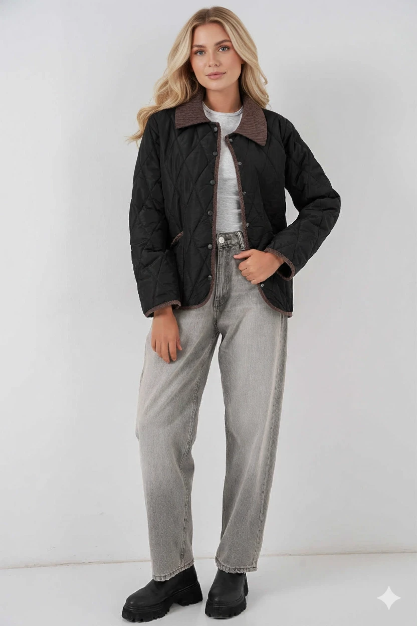 Kadın Siyah Çıt Çıt Kapamalı Kadife Detaylı Kapitone Mont HZL25W-BD152261