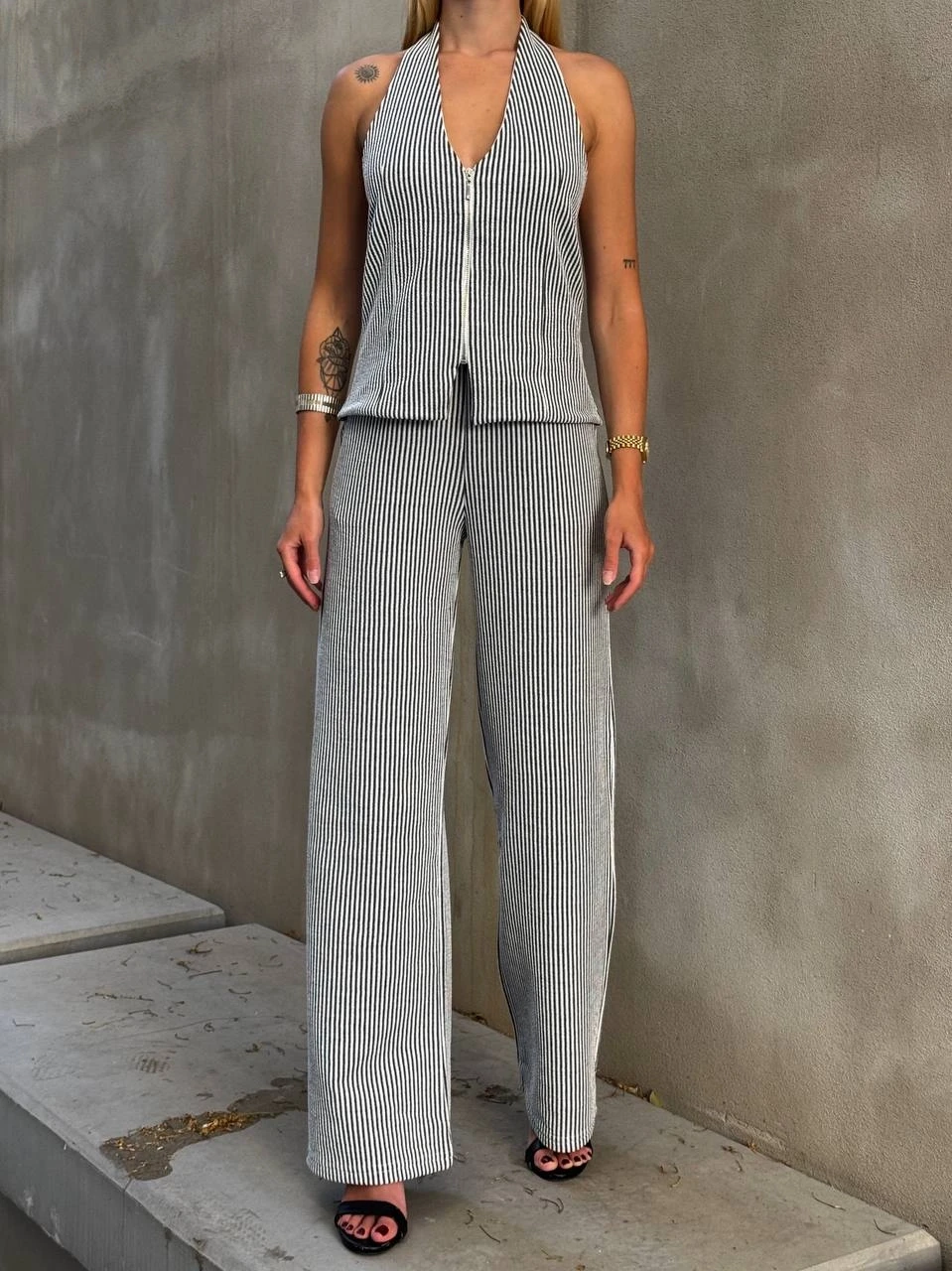 Kadın Siyah Çizgili Önü Fermuarlı Bluz Pantolon İkili Takım HZL25S-ZK13691