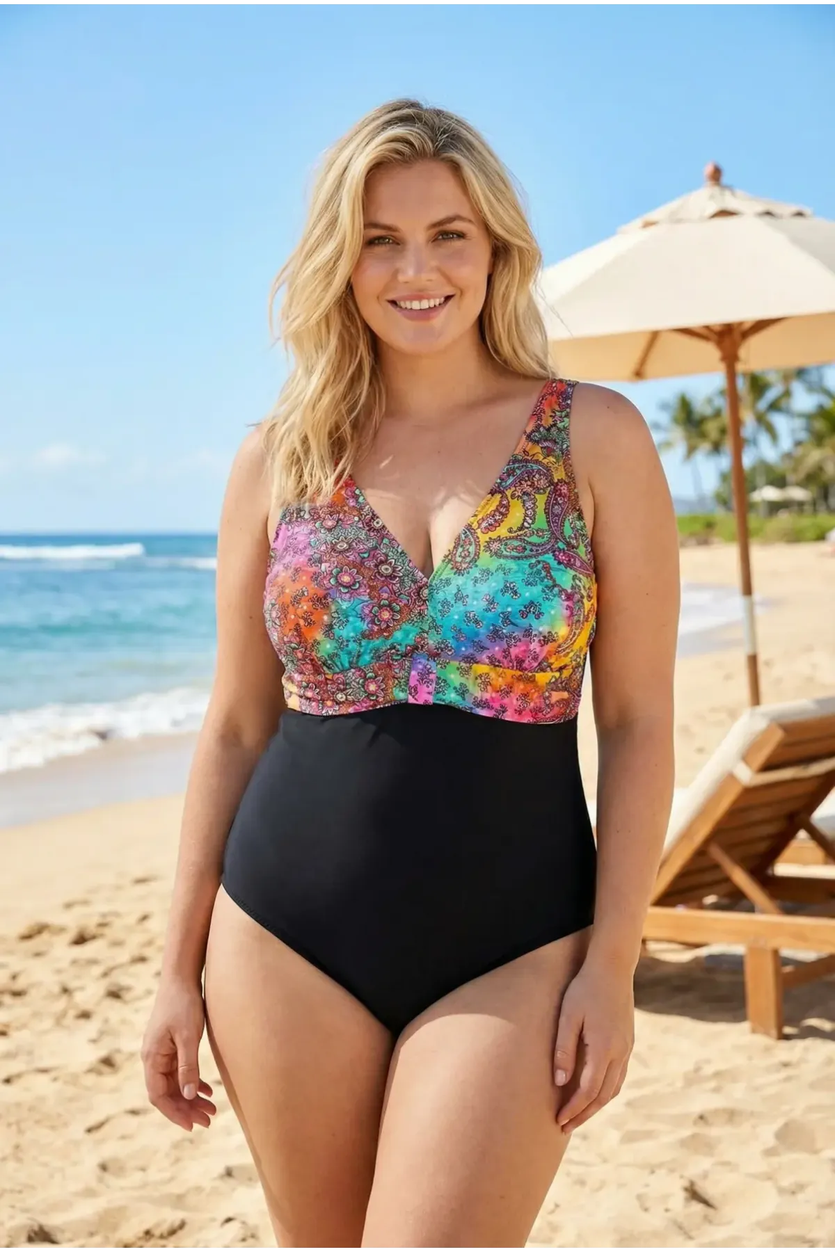 Kadın Siyah Çok Renkli V Yaka Büyük Beden Yüzücü Mayo HZL25S-LC4008