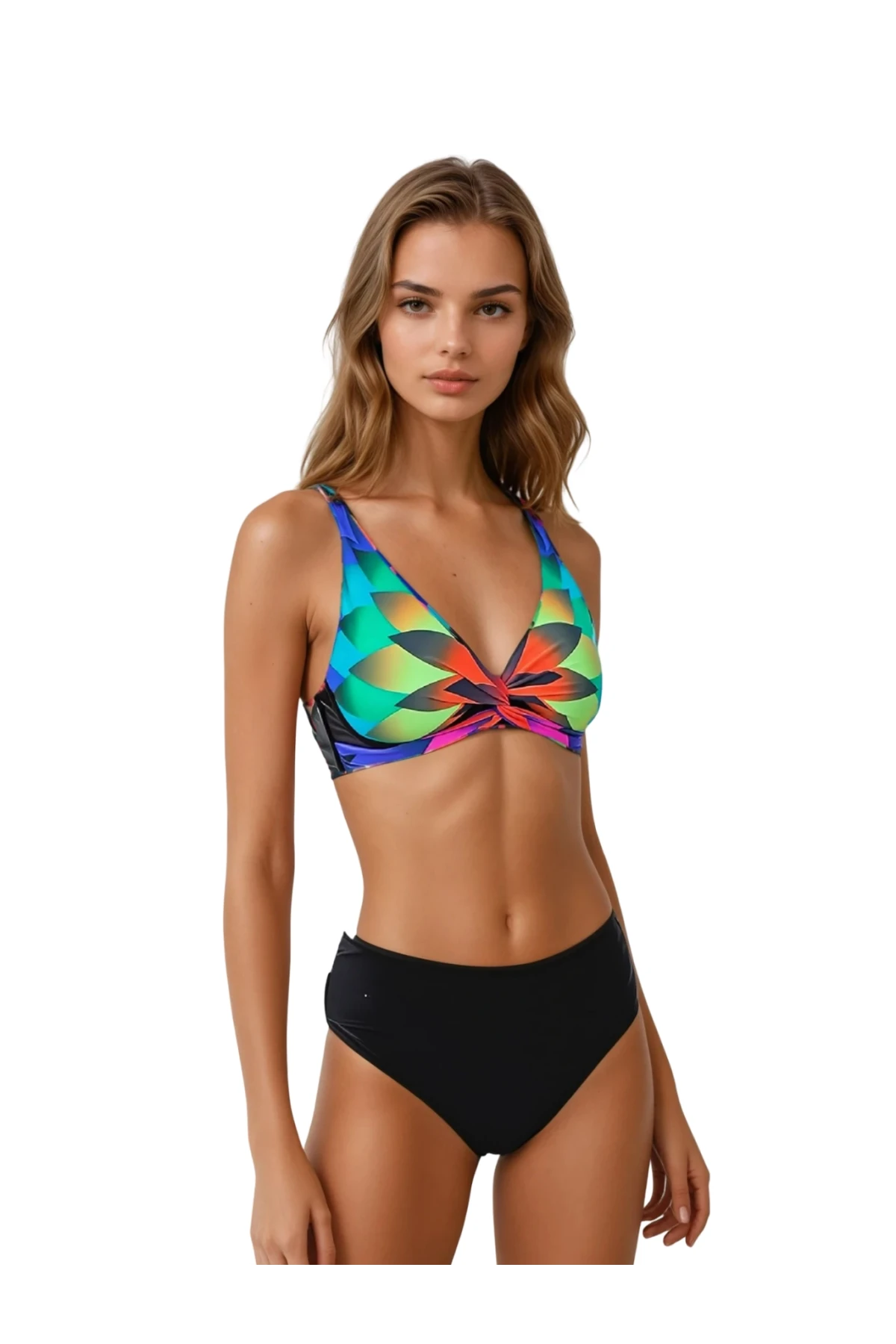 Kadın Siyah Çok Renkli Yüksel Bel Astarlı Bikini Takımı HZL25S-LC22315