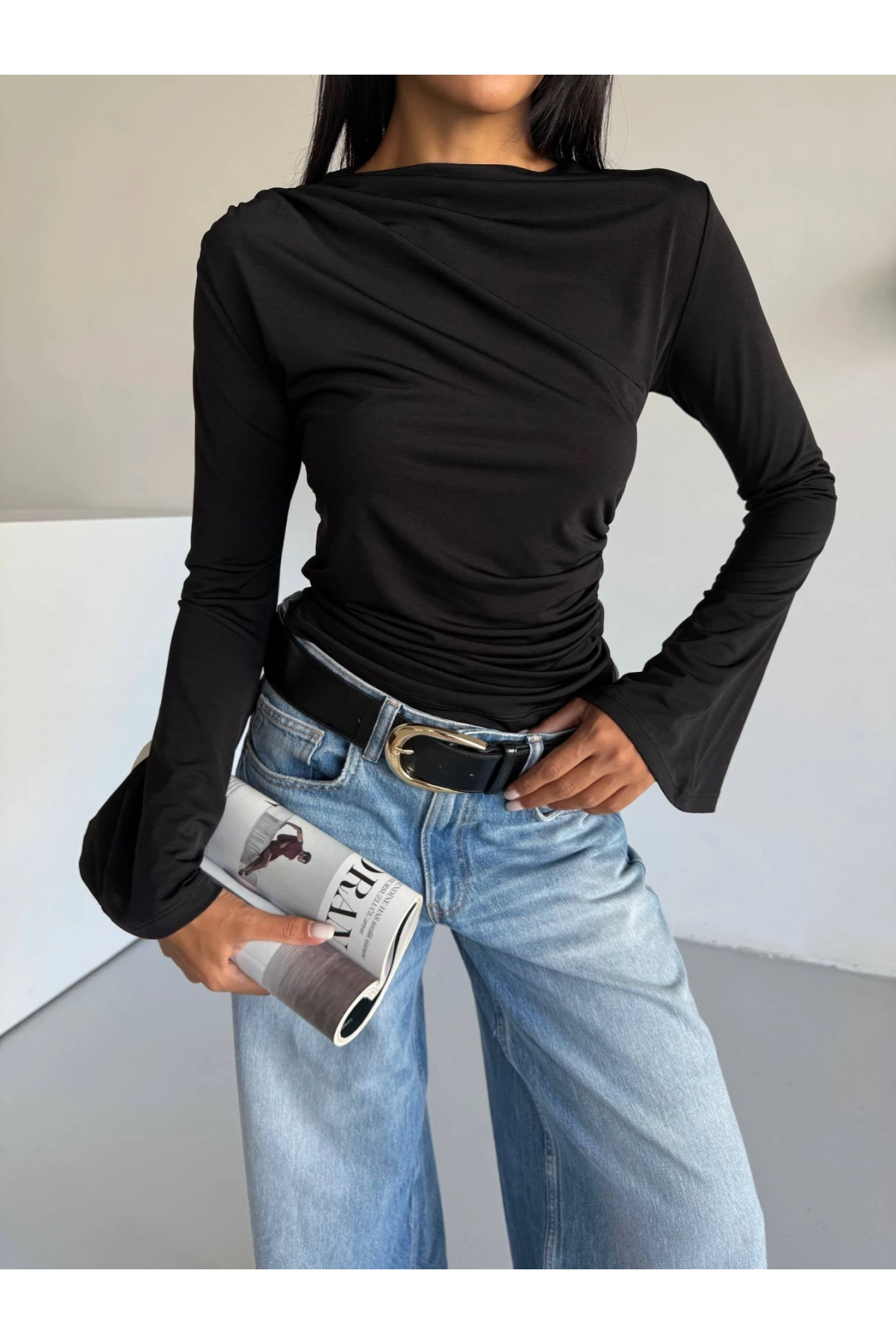 Kadın Siyah Drape Detaylı İspanyol Kol Sany Bluz HZL25W-FRY123431