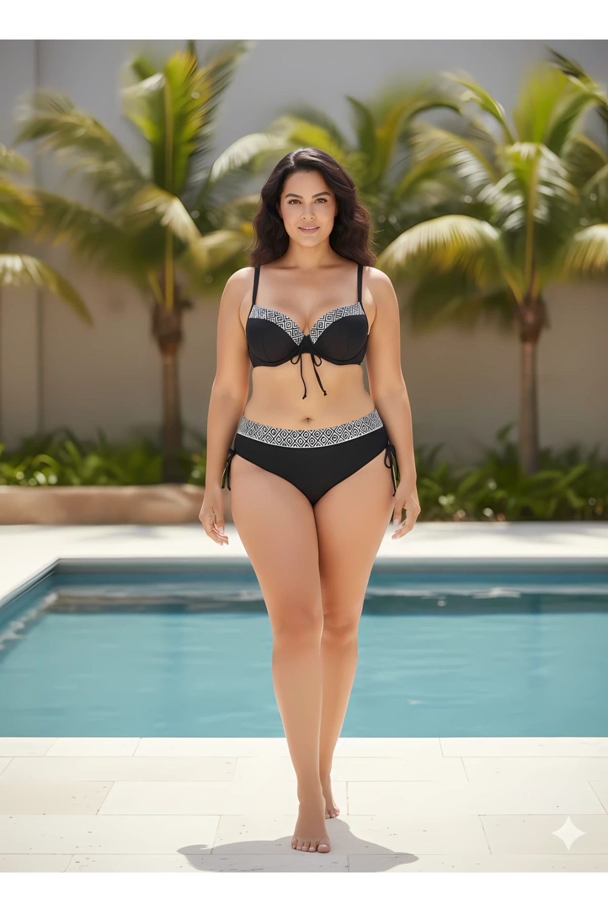 Kadın Siyah Etnik Desenli Büyük Beden Bikini Takım HZL25S-LC2218