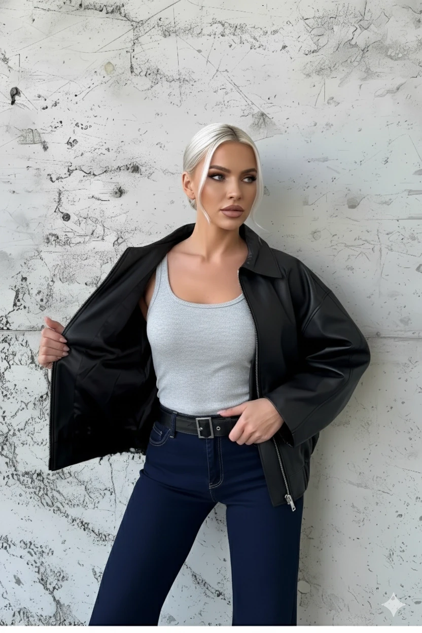 Kadın Siyah Fermuar Kapamalı Oversize Suni Deri Ceket HZL25W-BD110561