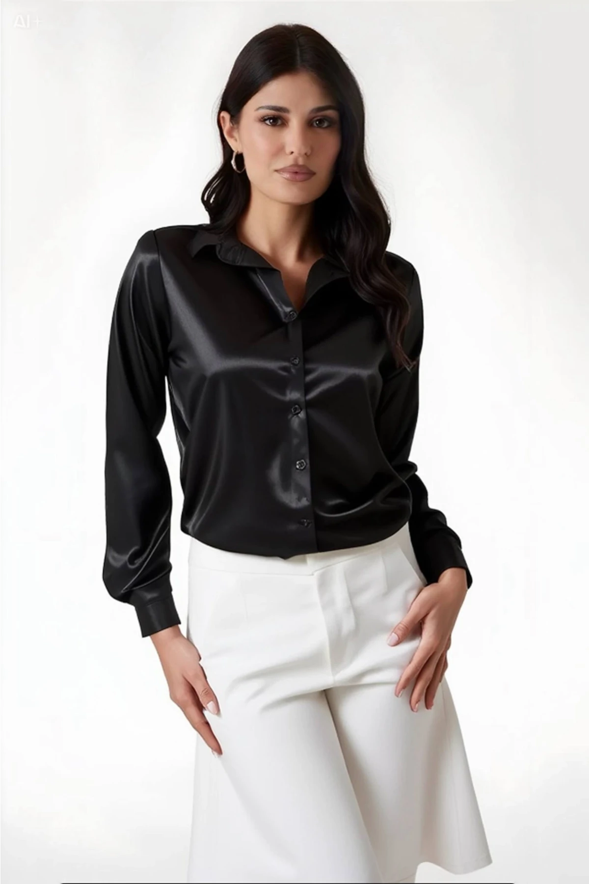 Kadın Siyah  Hafif Dökümlü Saten Yüzeyli Gömlek HZL22W-BD139641
