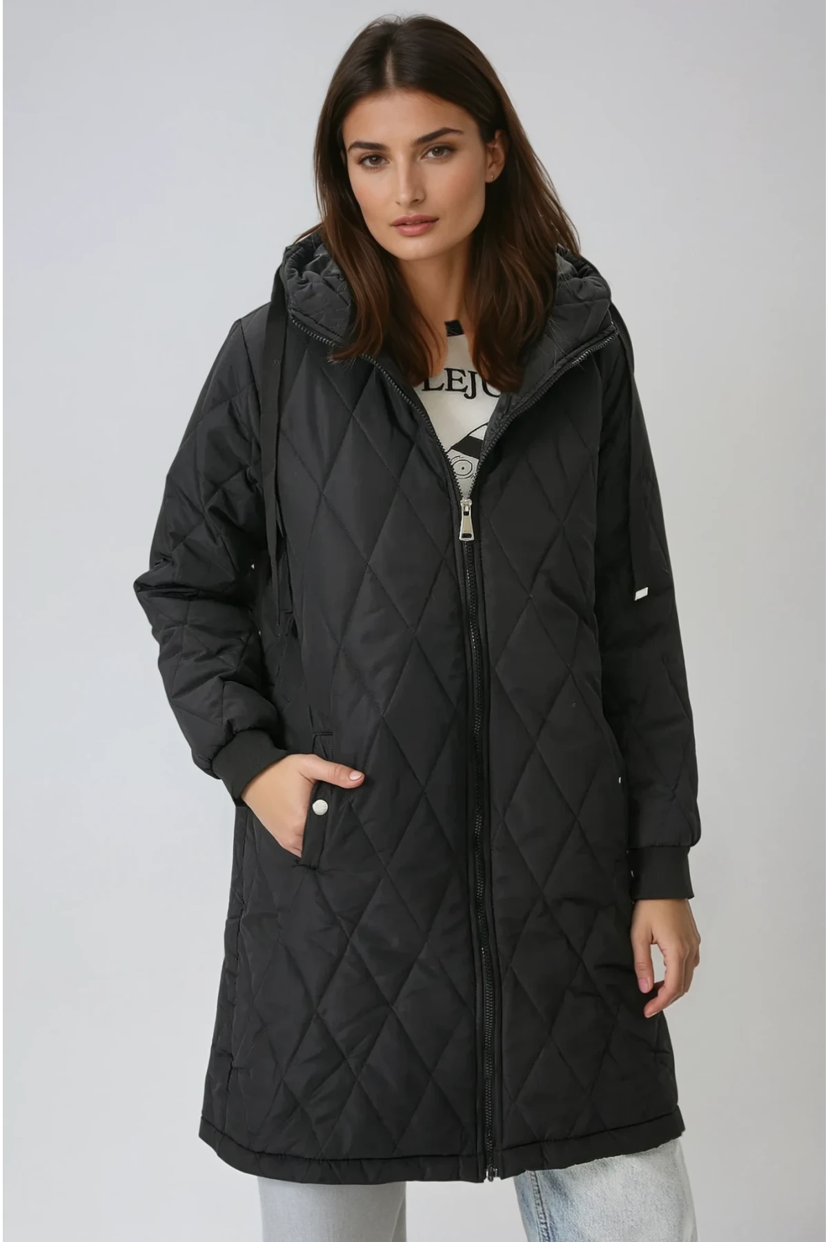 Kadın Siyah Kapitone Uzun Şişme Mont HZL22W-BD151381