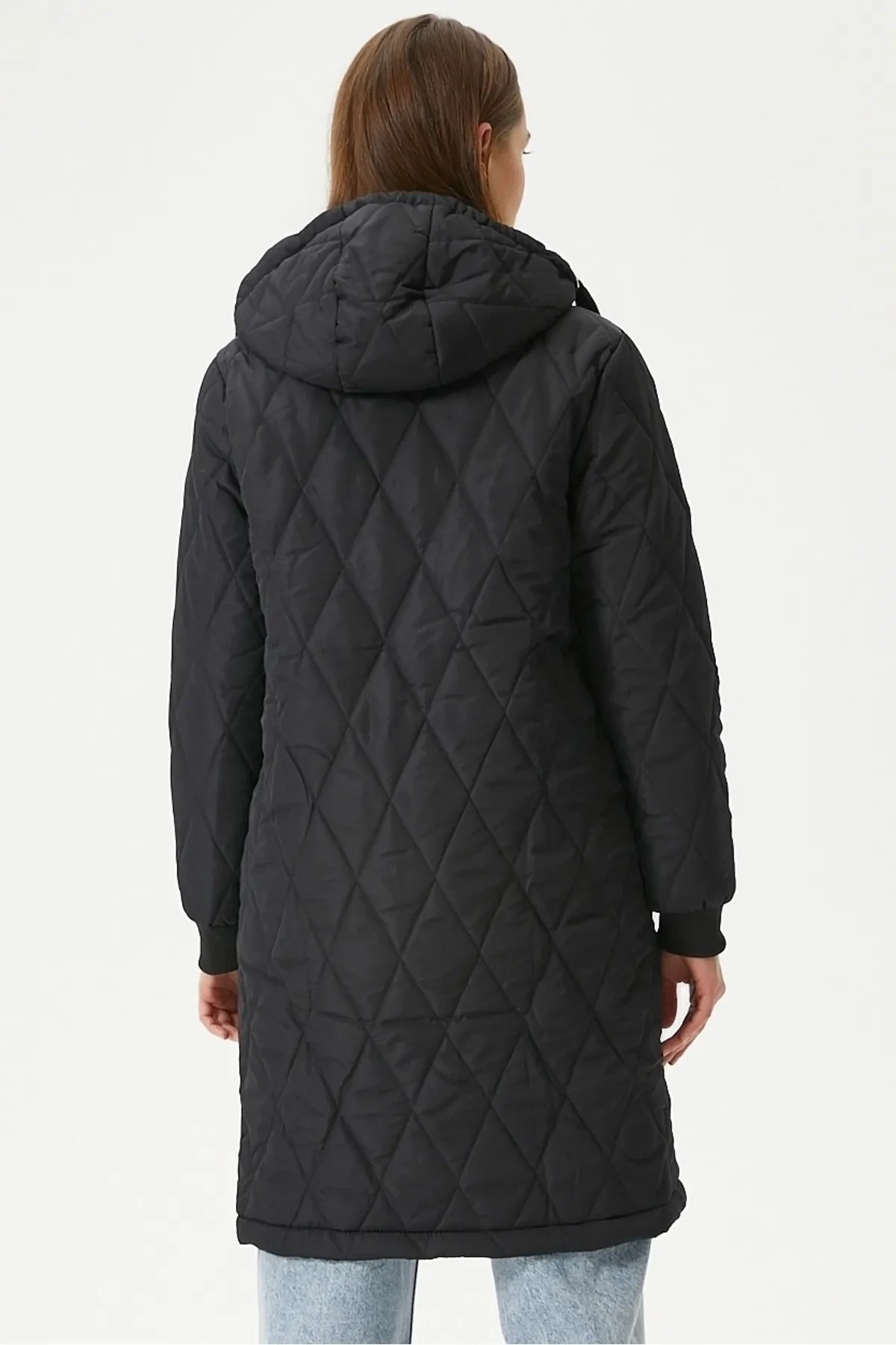 Kadın Siyah Kapitone Uzun Şişme Mont HZL22W-BD151381