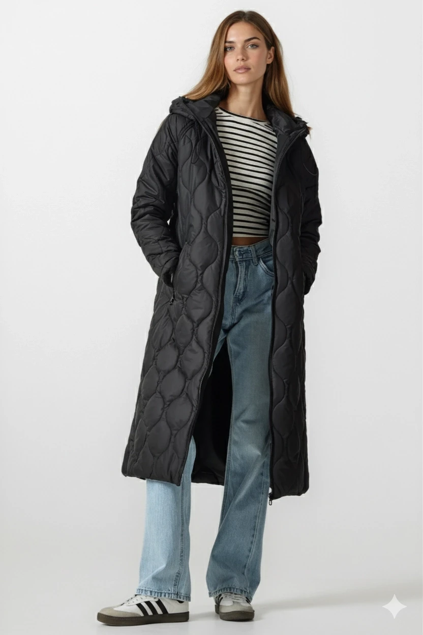 Kadın Siyah Kapüşonlu Kapitone Uzun Şişme Mont HZL24W-BD151771