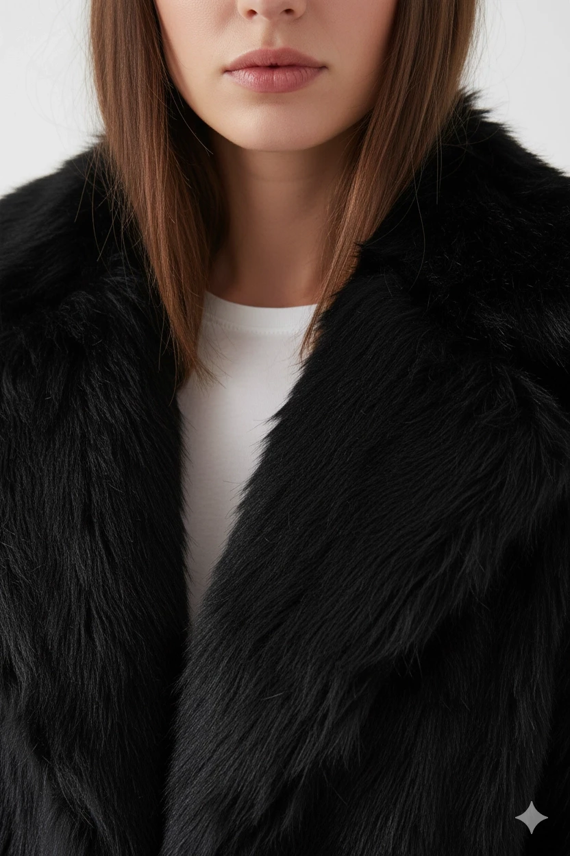 Kadın Siyah Kemer Detaylı Astarlı Peluş Kürk Mont HZL25W-BD191561