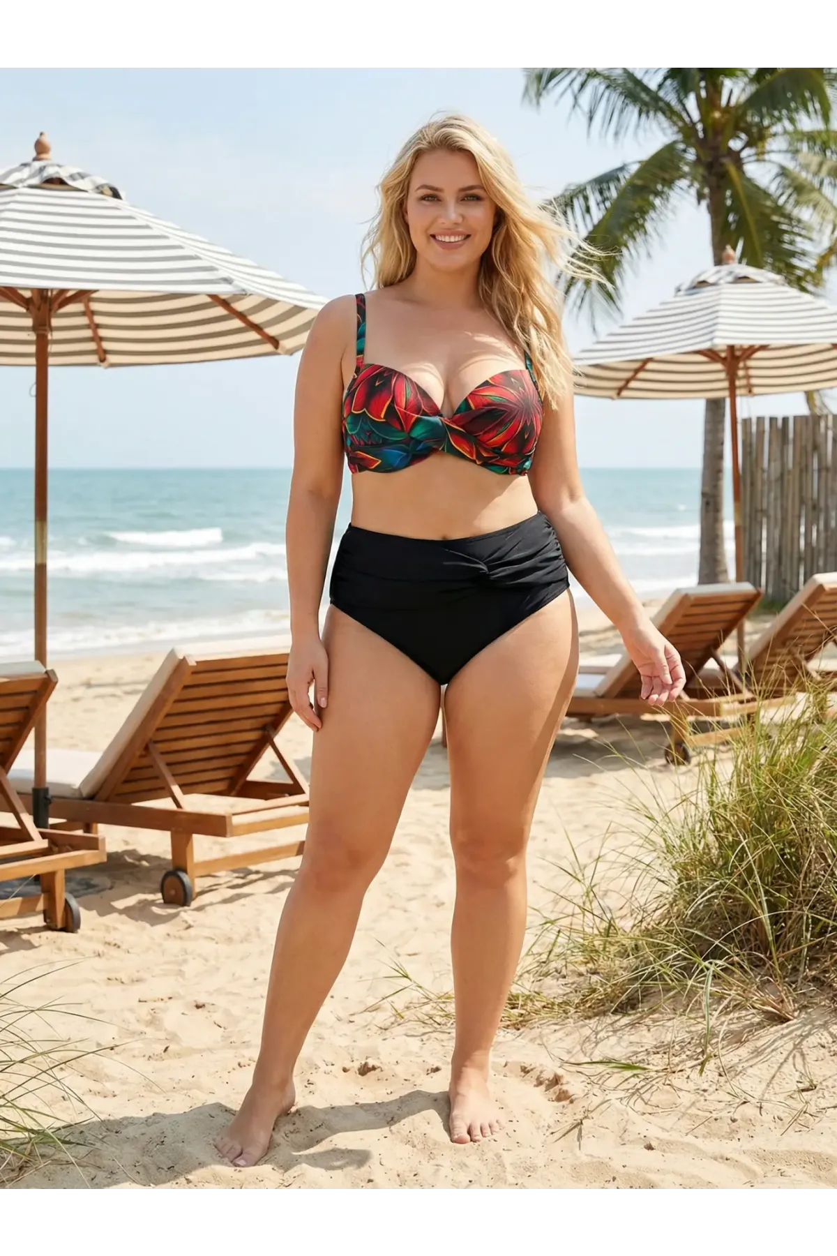 Kadın Siyah Kırmızı Çiçek Desenli Astarlı Büyük Beden Bikini Takımı HZL25S-LC24108