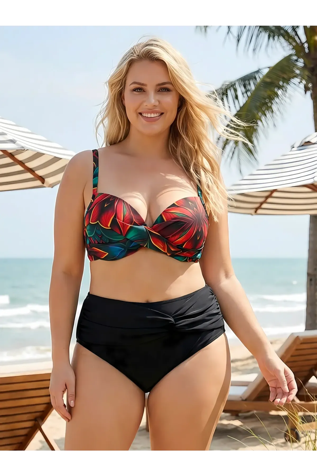 Kadın Siyah Kırmızı Çiçek Desenli Astarlı Büyük Beden Bikini Takımı HZL25S-LC24108