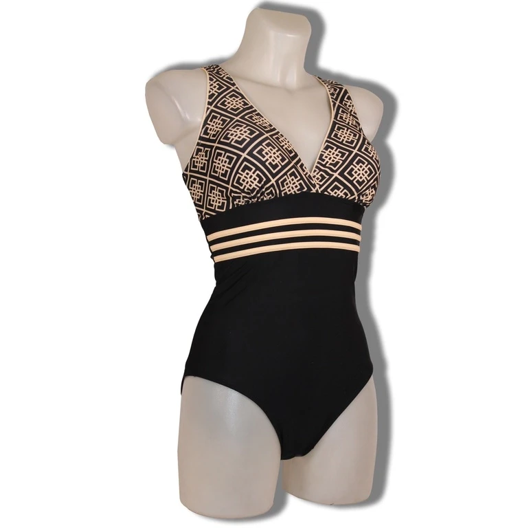 Kadın Siyah Krem Etnik Desenli Astarlı Mayo HZL25S-LC25115