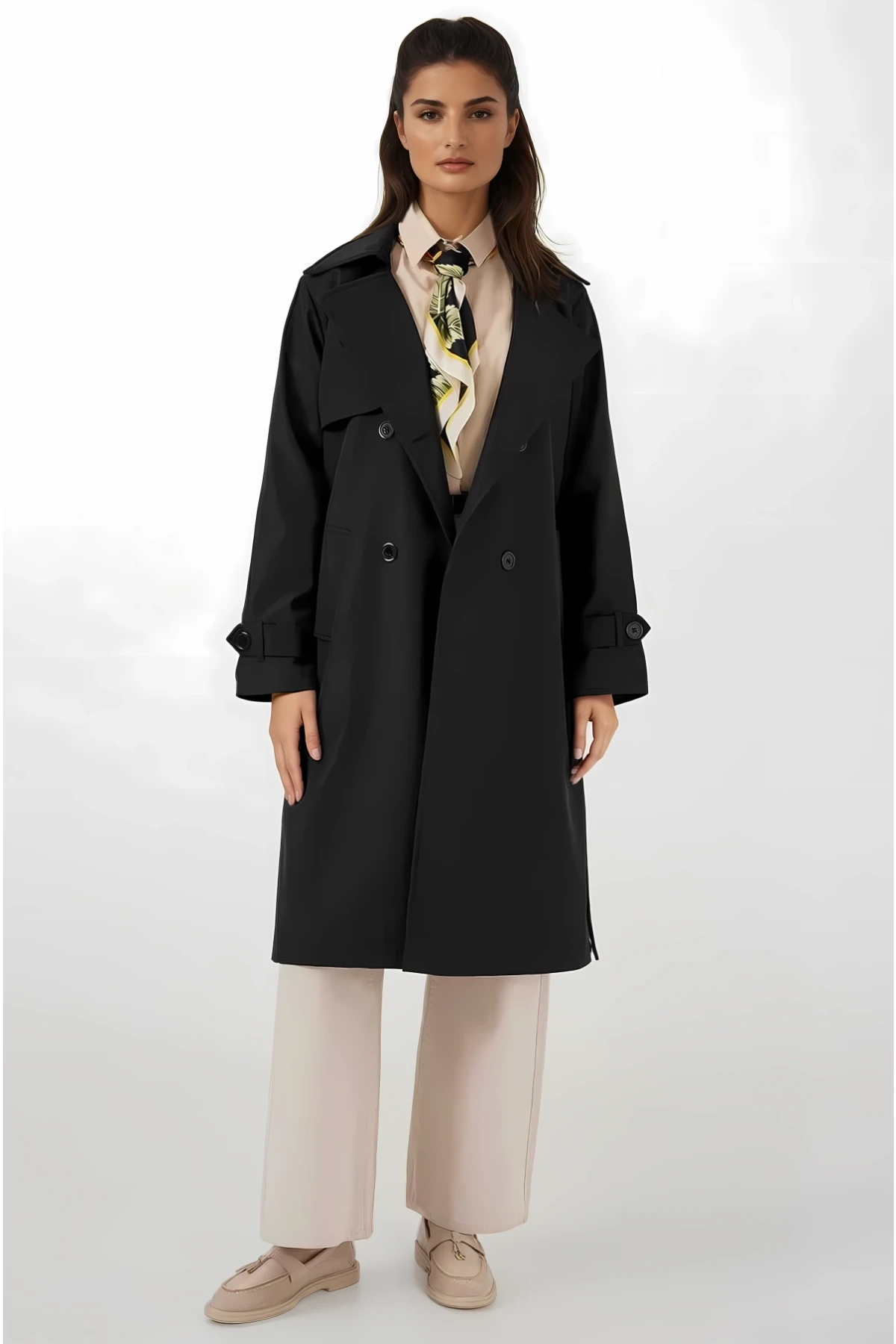 Kadın Siyah Kruvaze Yaka Kuşaklı Astarlı Trençkot HZL25W-BD159181