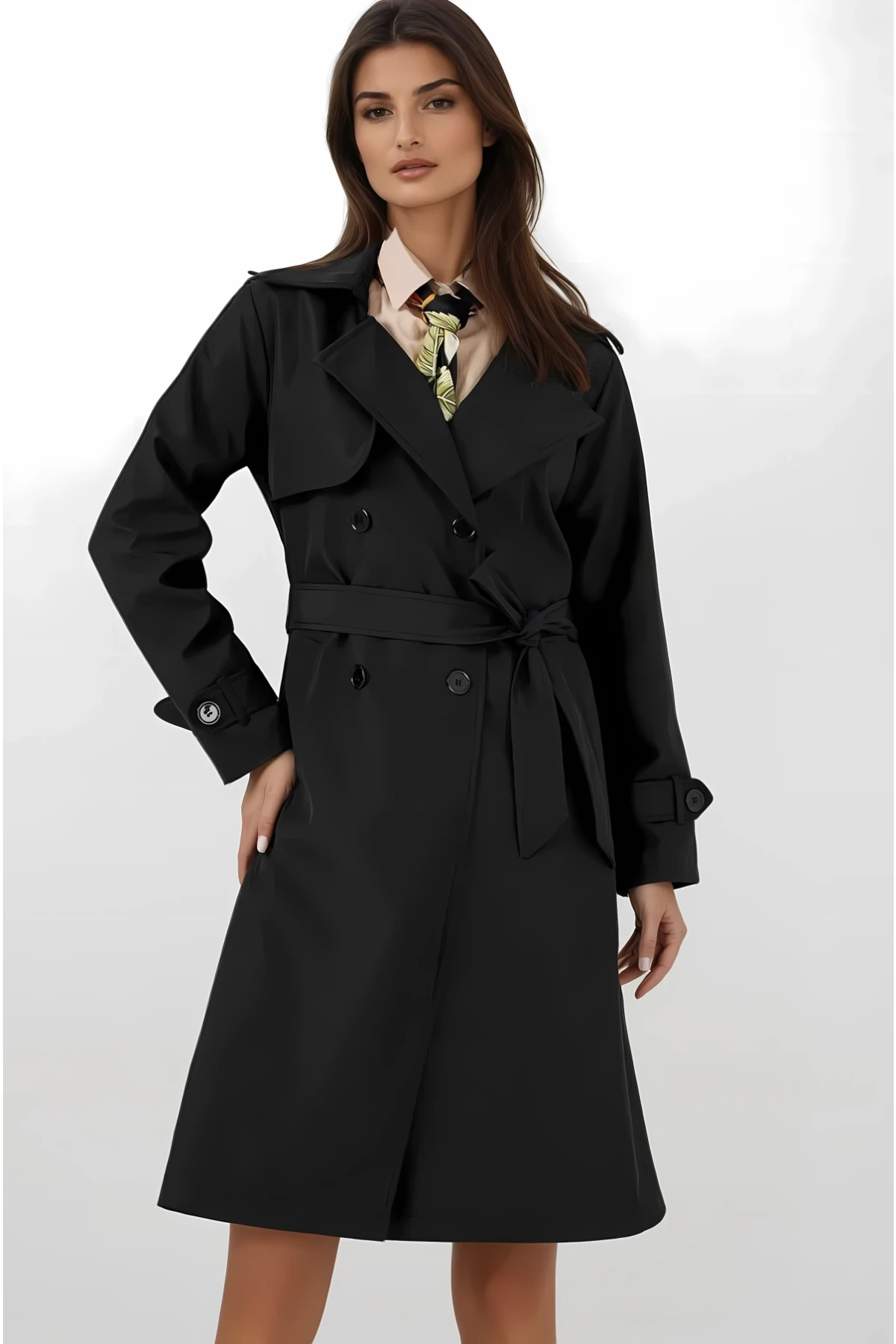 Kadın Siyah Kruvaze Yaka Kuşaklı Astarlı Trençkot HZL25W-BD159181