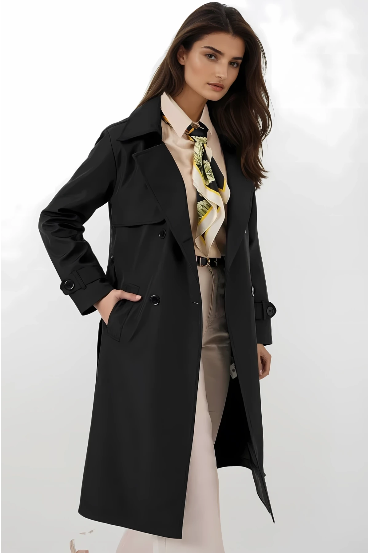 Kadın Siyah Kruvaze Yaka Kuşaklı Astarlı Trençkot HZL25W-BD159181
