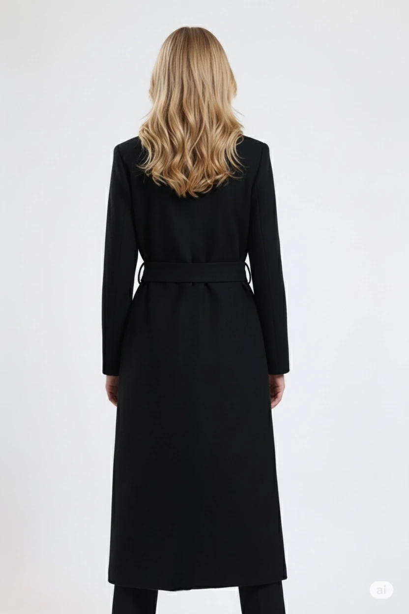 Kadın Siyah Kuşaklı Cepli Uzun Kaşe Kaban HZL25W-BD191471