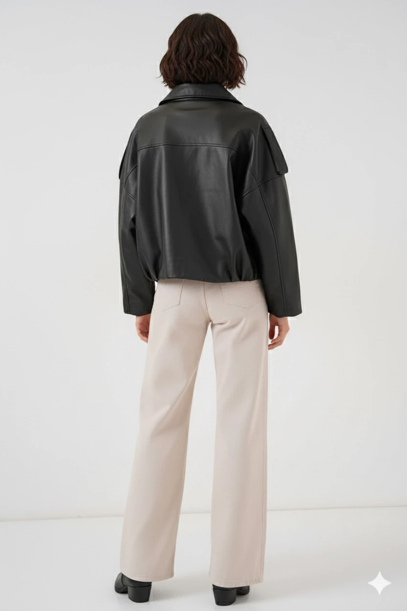 Kadın Siyah Oversize Fermuarlı ve Düğmeli Yandan Cepli Suni Deri Ceket HZL25W-BD110551