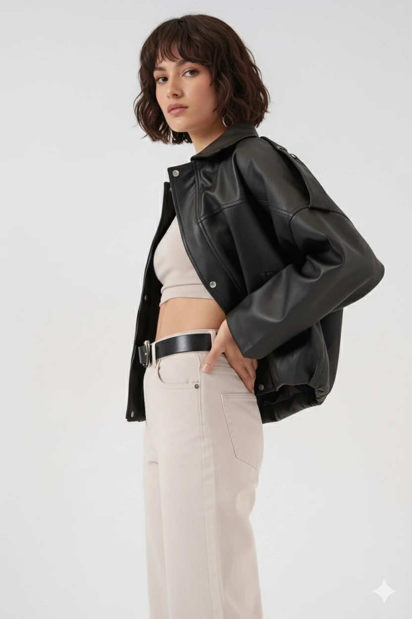 Kadın Siyah Oversize Fermuarlı ve Düğmeli Yandan Cepli Suni Deri Ceket HZL25W-BD110551