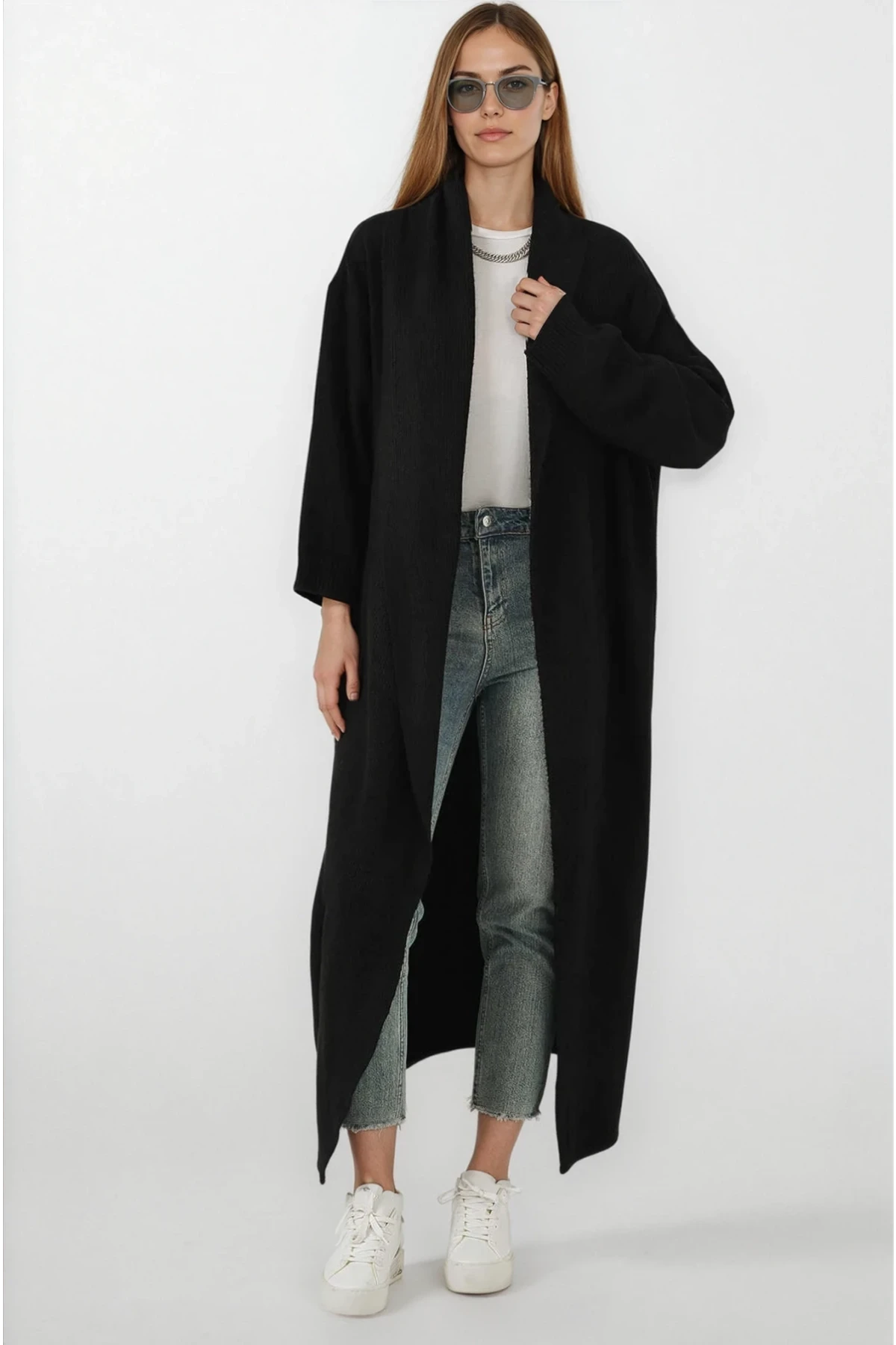 Kadın Siyah Oversize Uzun Triko Hırka HZL25W-BD1103041