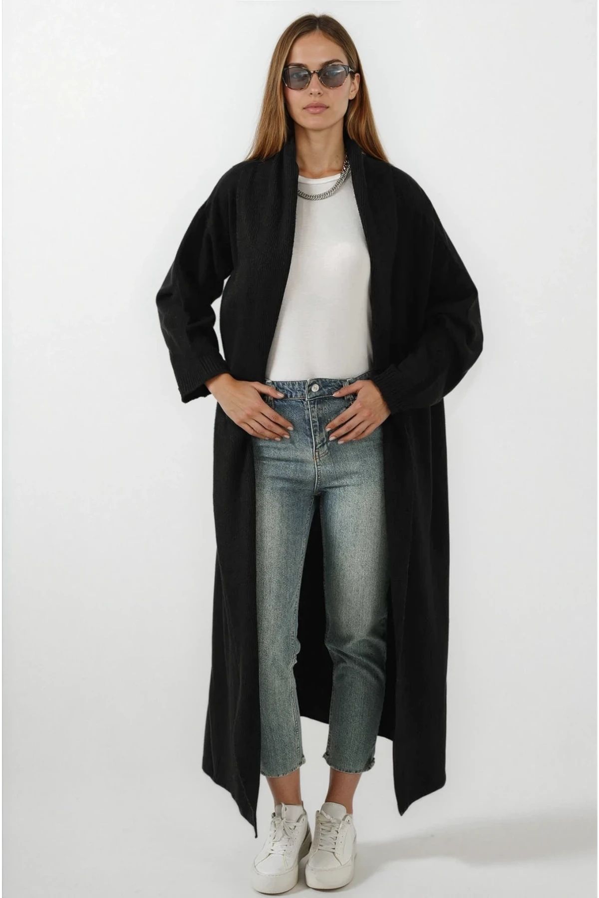 Kadın Siyah Oversize Uzun Triko Hırka HZL25W-BD1103041