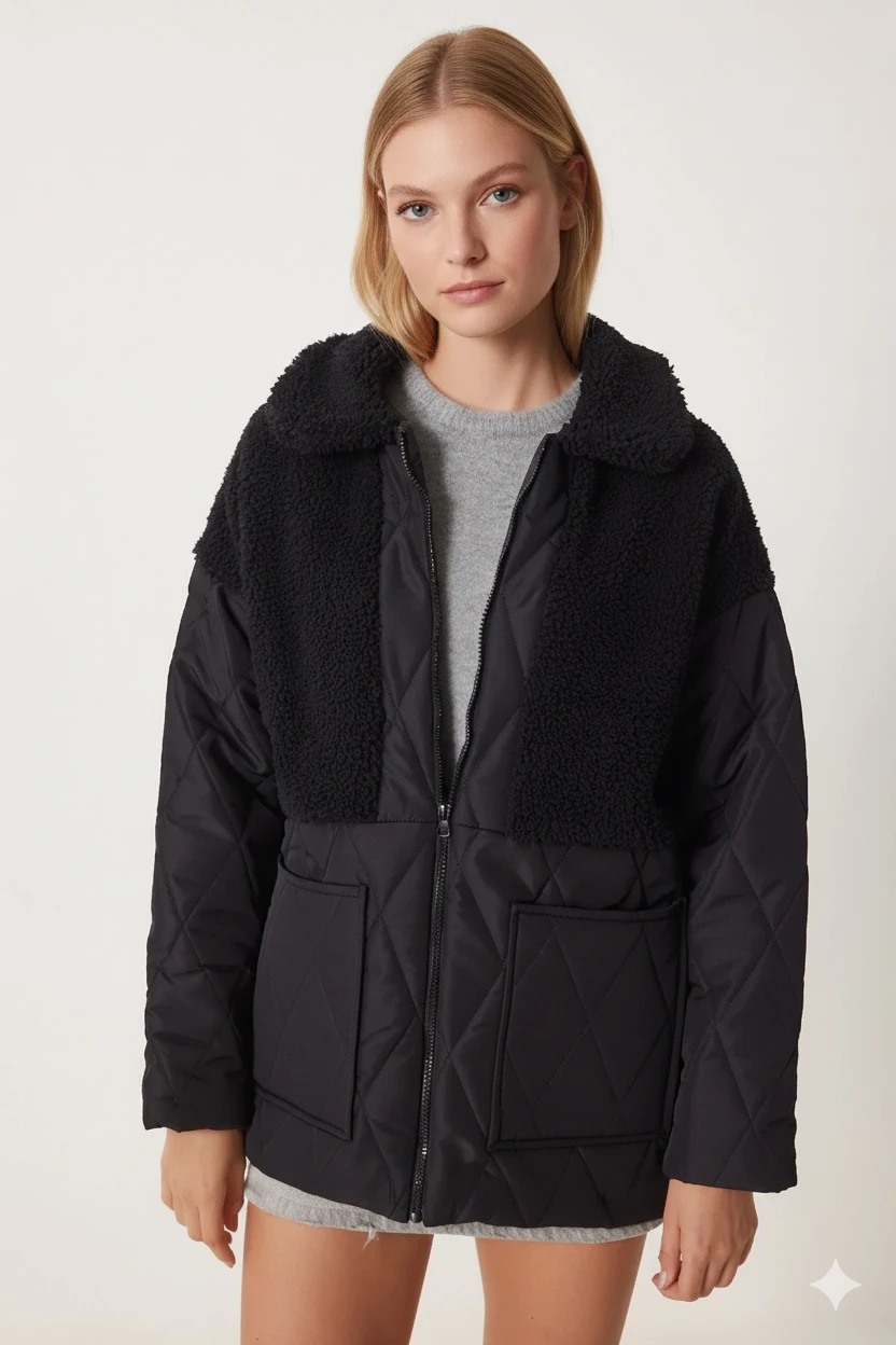 Kadın Siyah Peluş Detaylı İçi Astarlı Kapitone Şişme Mont HZL24W-BD151821