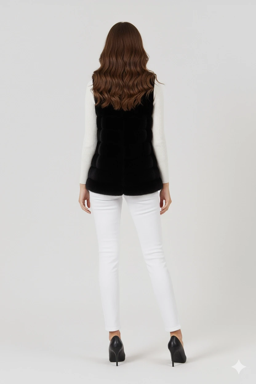 Kadın Siyah Şık Peluş Fermuarsız Suni Kürk Yelek HZL25W-DSB120061