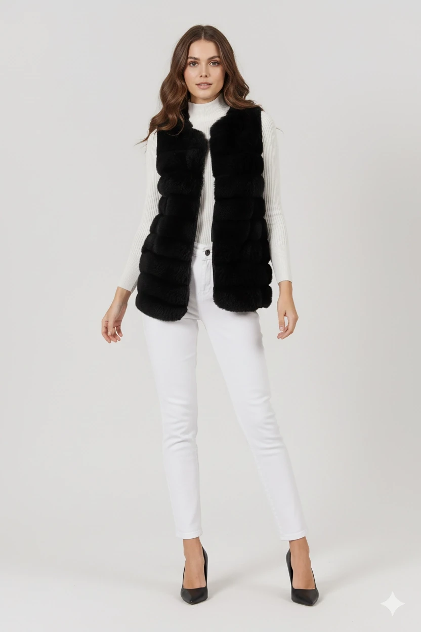 Kadın Siyah Şık Peluş Fermuarsız Suni Kürk Yelek HZL25W-DSB120061