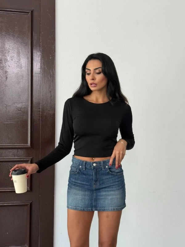 Kadın Siyah Sırt Dekolteli  Uzun Kollu Sandy Bluz HZL25W-FRY123381