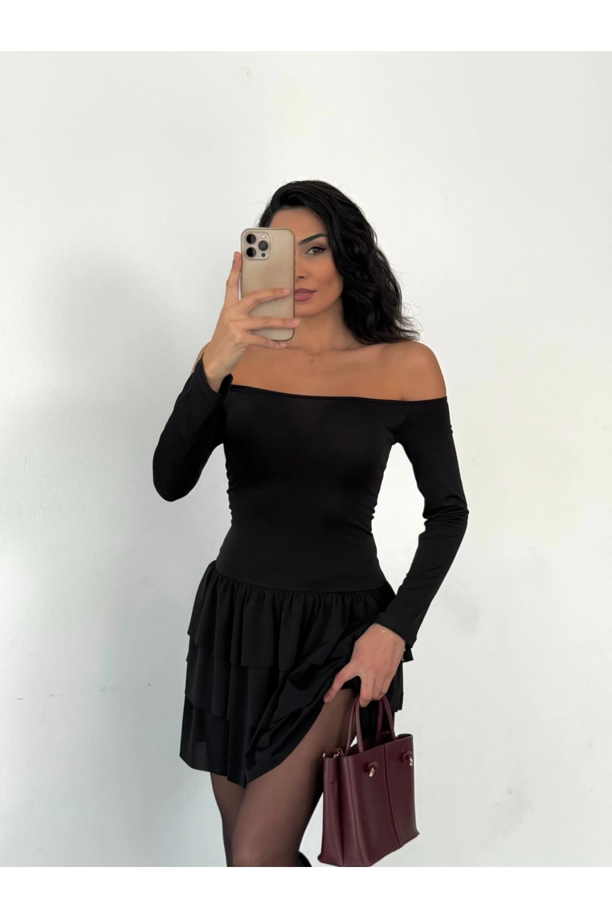 Kadın Siyah Straplez Yaka Kat Kat Etek Detaylı Mini Elbise HZL25W-FRY123581