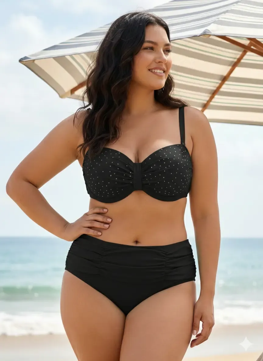 Kadın Siyah Taş İşlemeli Astarlı Büyük Beden Bikini Takımı HZL25S-LC01