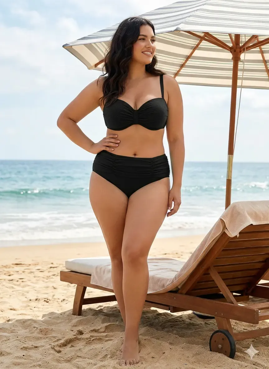 Kadın Siyah Taş İşlemeli Astarlı Büyük Beden Bikini Takımı HZL25S-LC01